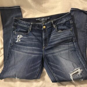 American Eagle Outfitters Women's Dark Blue Ripped Skinny Jeans